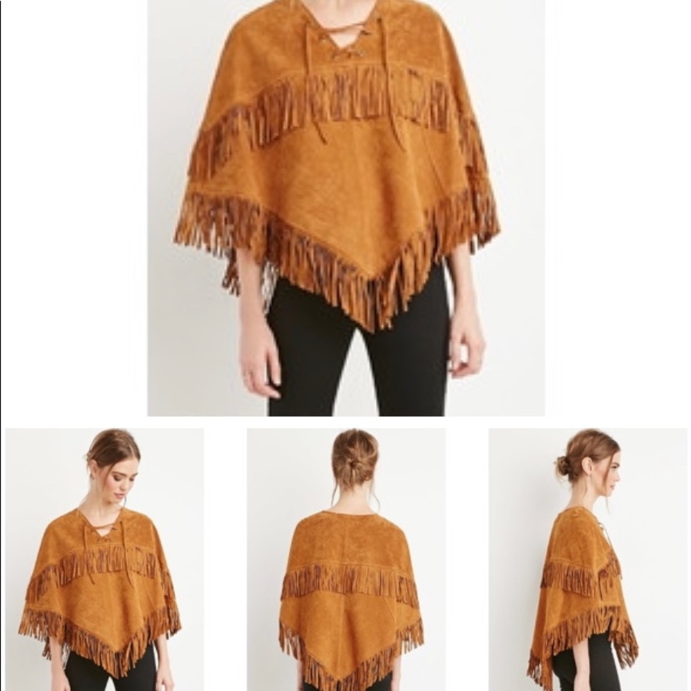 NWT Forever 21 NEW Casual Poncho/Top Western Suede Fringe Camel/Brown Color  M/L